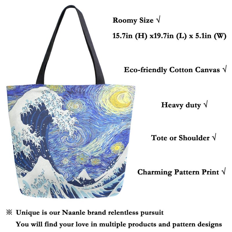 Naanle Starry Sky Canvas Tote Bag Large Women Casual Shoulder Bag Handbag, Japanese Sea Wave Reusable Multipurpose Heavy Duty Shopping Grocery Cotton Bag for Outdoors. - Image 2